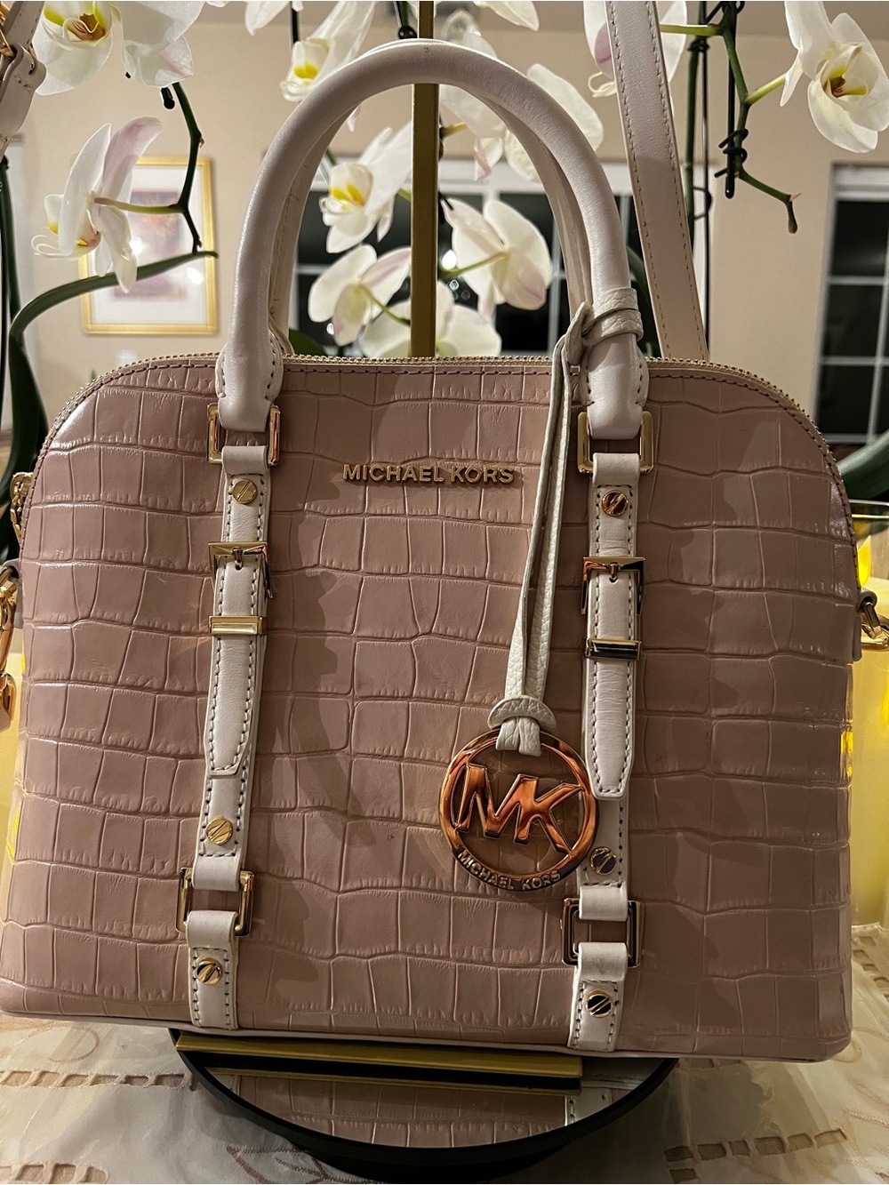 Michael Kors Bedford Legacy Blush Croc Embossed Leather Satchel Crossbody Bag